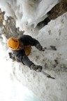 Nearing the top of the ice column; the ice is peppered with shale bits from the rock band