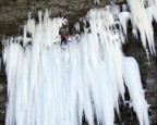 Having reached the top of the ice (and the bolt), the route traverses right