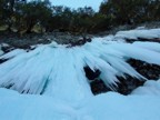 Shot of the route taken from the base showing the steep, overhanging ice and the rock roofs above