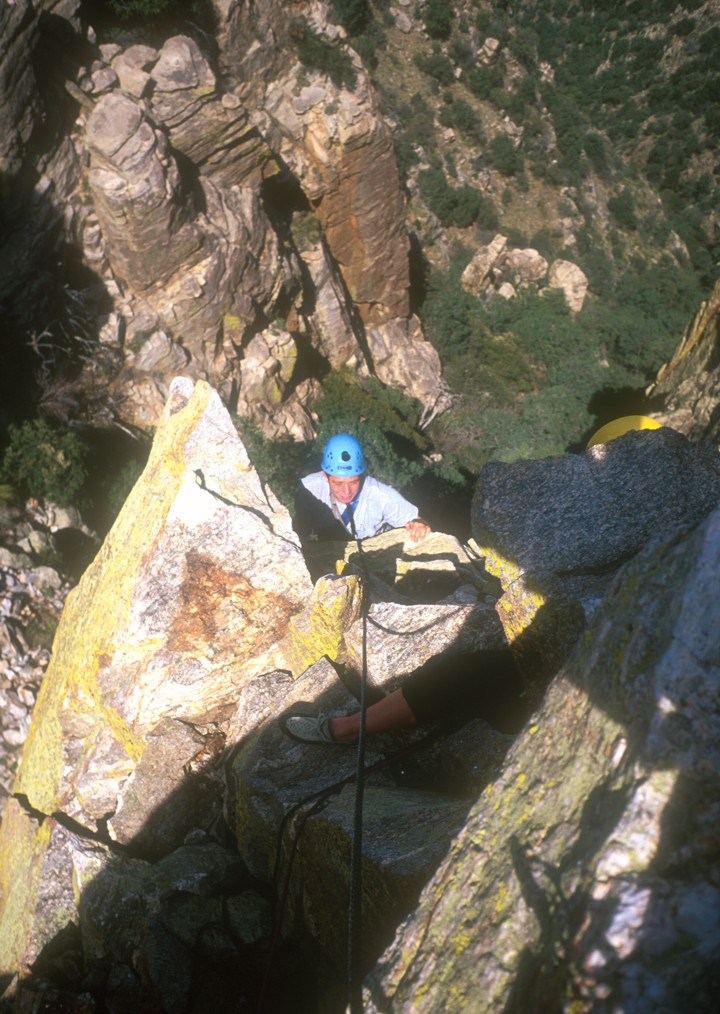 Eric approaches the summit of Finger Rock; the rapel station is below the actual summit blocks, as they are quite unstable