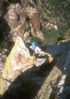 Eric approaches the summit of Finger Rock; the rapel station is below the actual summit blocks, as they are quite unstable