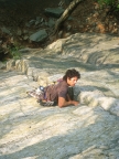 Climbing the crack above the crux on Retribution