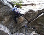 Series 7: A bomber heel hook allows one to grab the side pull above the roof; a fall from this position would surely break the ankle, and the swing would slam one headfirst into the wall below