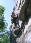 Getting in some gear after the boulder problem start of Elder Cleavage