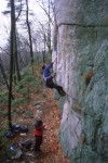 Tad pumping through the overhanging hand crack of Wipe Out