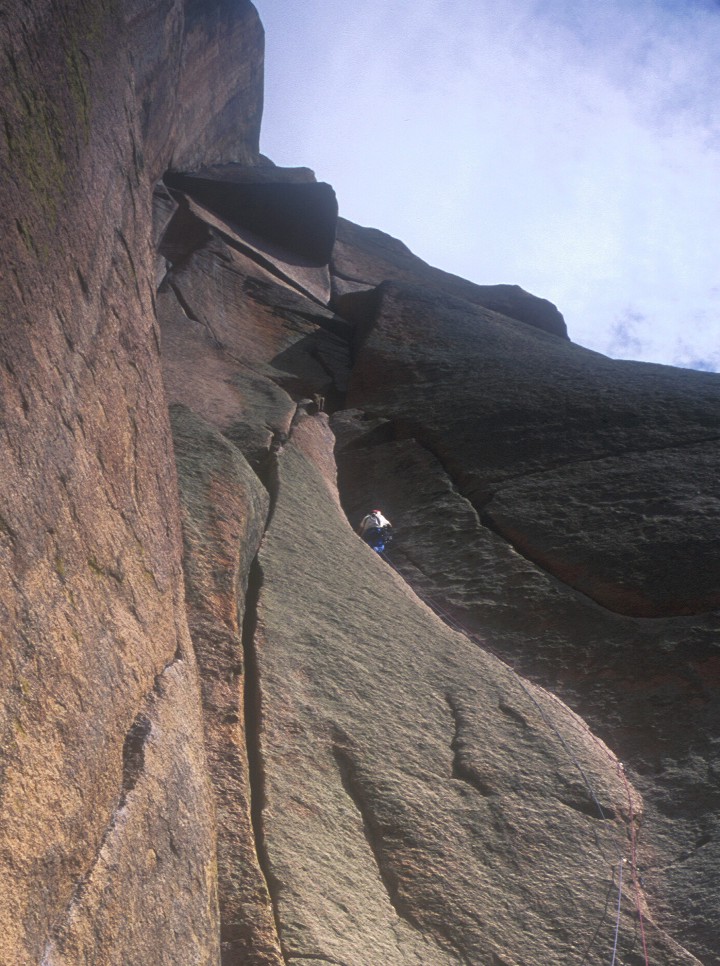 Tommy leads the first pitch (5.8) of Center Route; the second pitch ends below the large triangular roof above