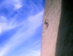 The crux of the route involves traversing on a super thin slab