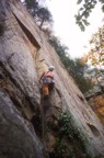 Starting our on the mega-classic. The crux is just above the small roof.