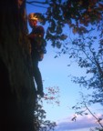 Sunset and still can't get enough; Tad climbs the runout arete of Crash Position