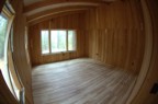 Fisheye view of the bedroom, ready for the floor sander