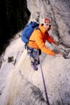 John reaching the first belay on West Crack