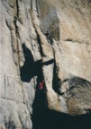 John climbing the first pitch, Jim belaying from above