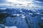 View from the top of the headwall at dawn, mountains labeled