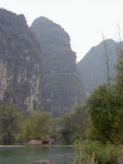 Buffalo and woman crossing a dam on the way to Crag X